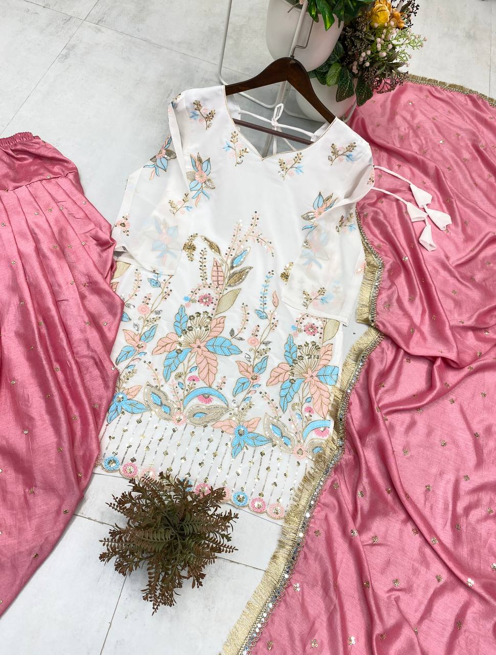 PRIMIUM VICHITRA SILK WEAR EMBROIDERED TOP WITH SALWAAR PAIR