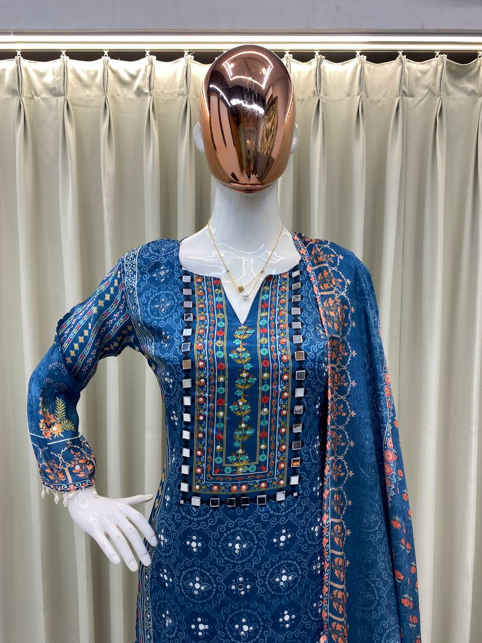 Teal Blue Floral Embroidered Digital Print Suit Set