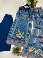Teal Blue Floral Embroidered Digital Print Suit Set