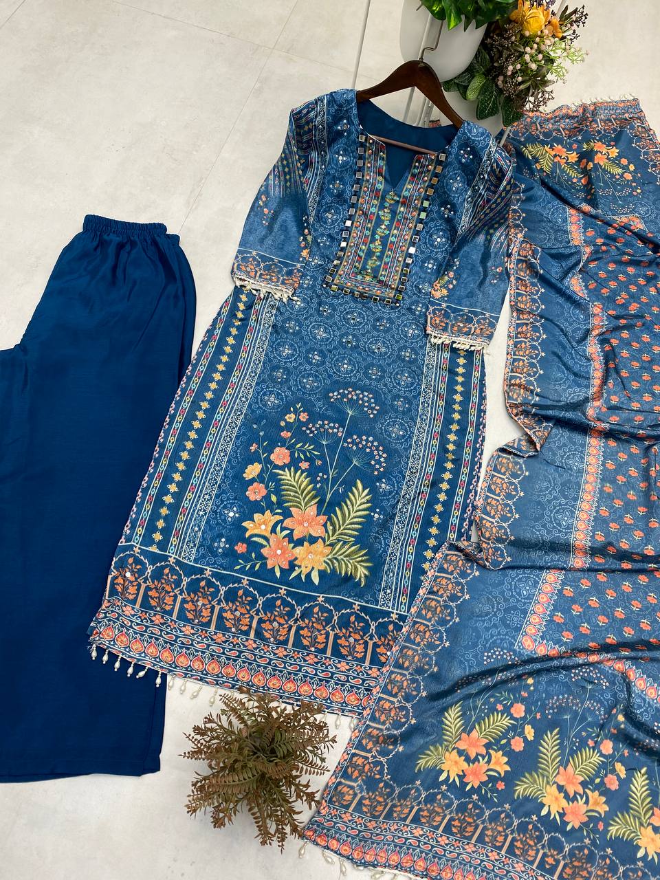 Teal Blue Floral Embroidered Digital Print Suit Set