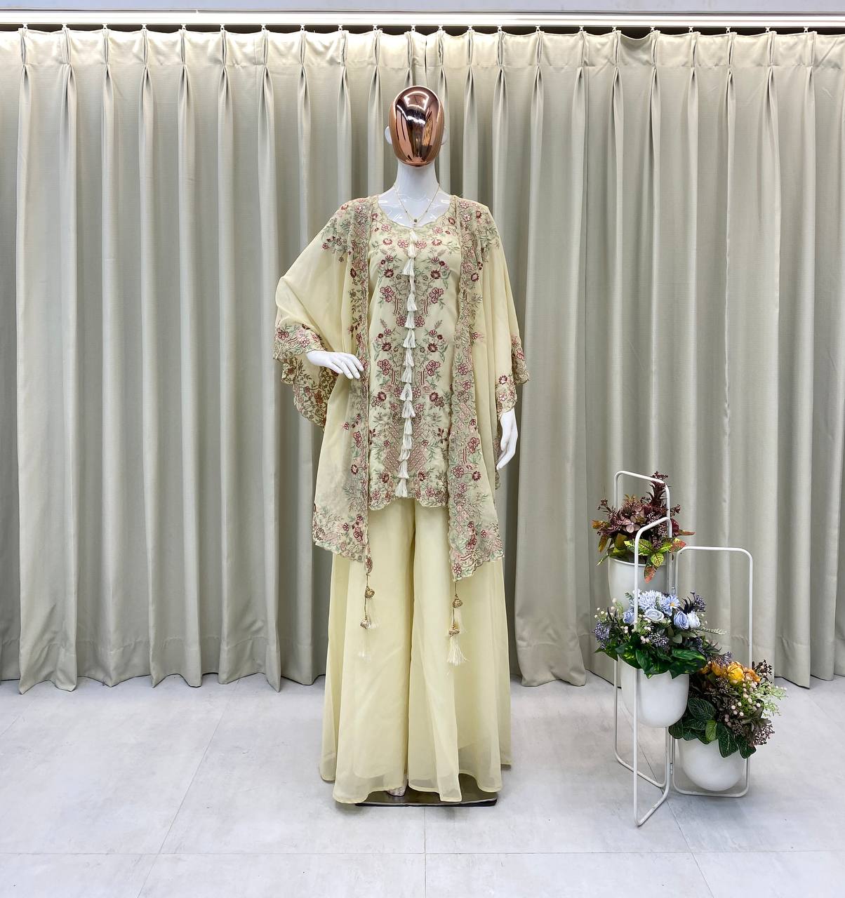 Festive Golden Beige Georgette Kaftan Tunic & Wide-Leg Pants