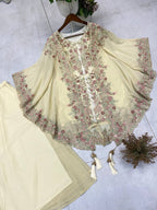 Festive Golden Beige Georgette Kaftan Tunic & Wide-Leg Pants