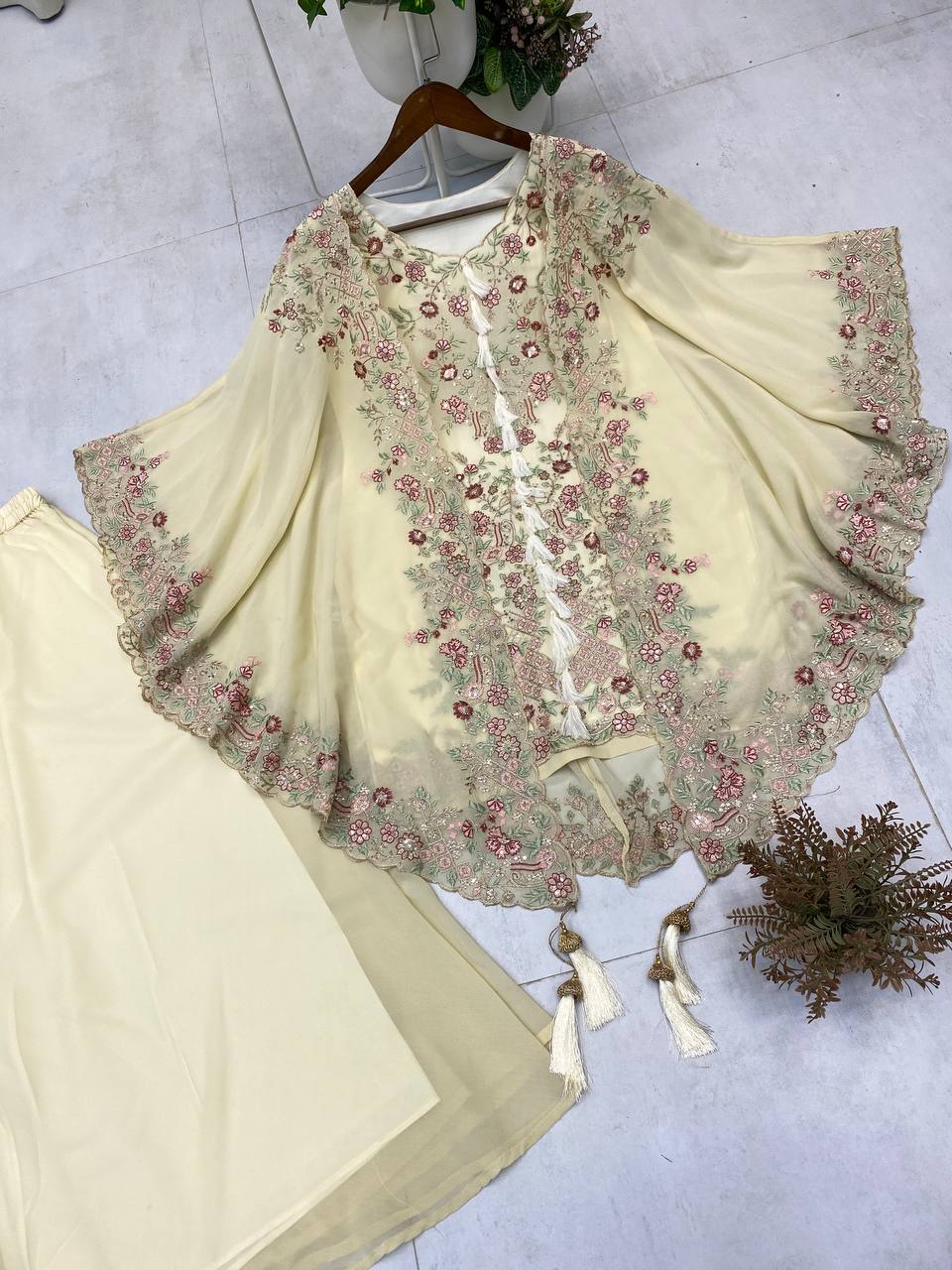 Festive Golden Beige Georgette Kaftan Tunic & Wide-Leg Pants