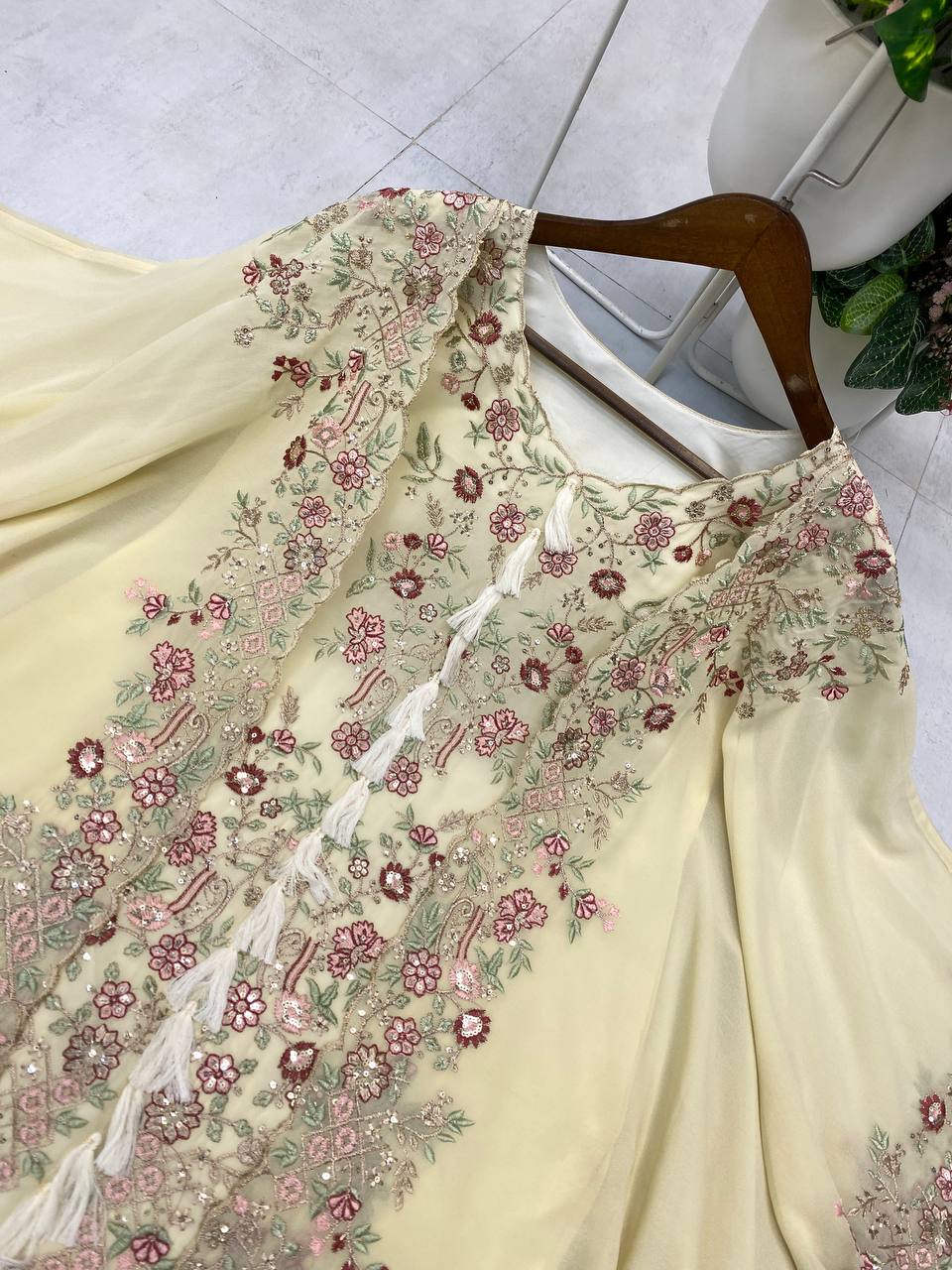Festive Golden Beige Georgette Kaftan Tunic & Wide-Leg Pants