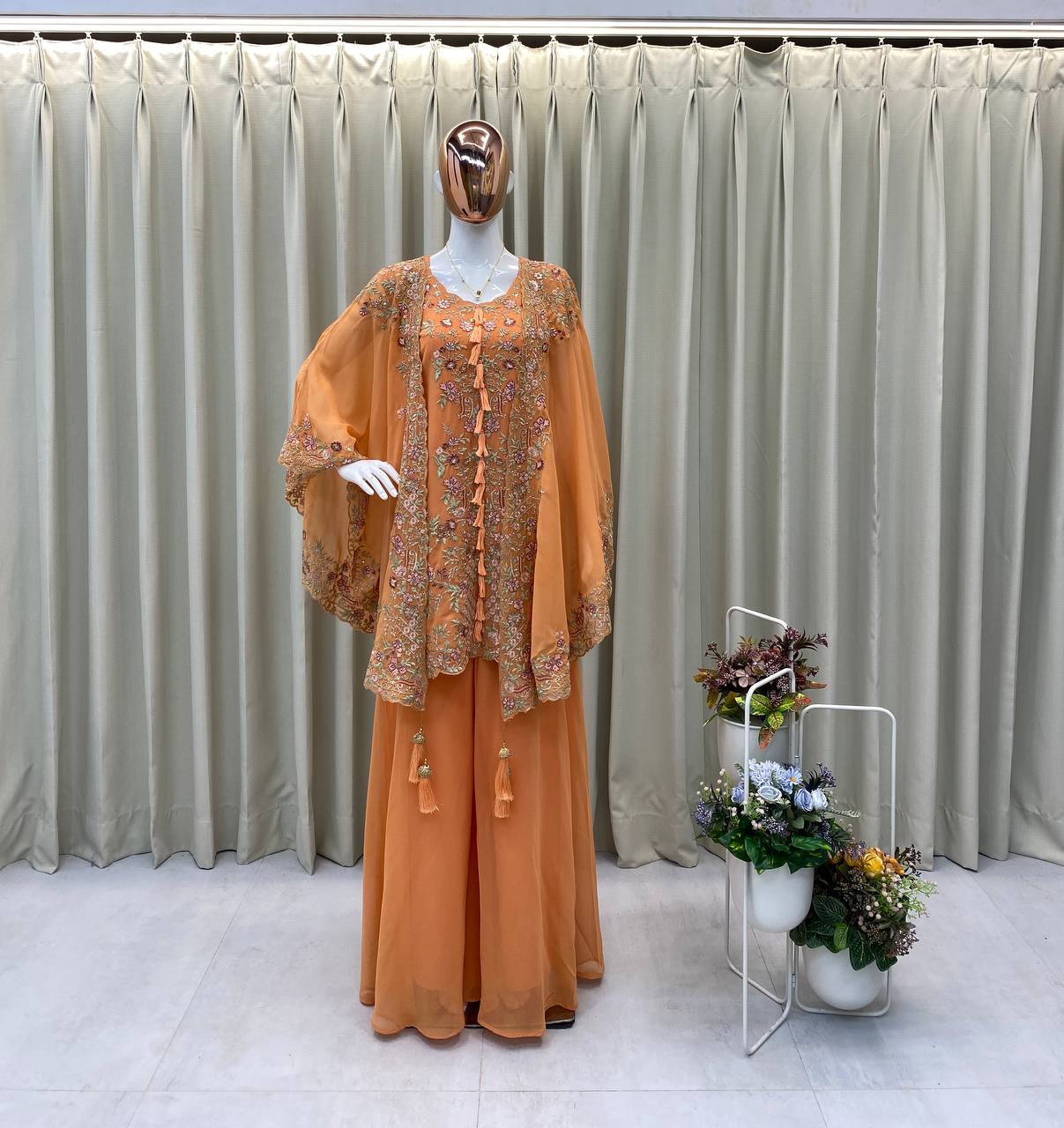 Festive Golden Orange Georgette Kaftan Tunic & Wide-Leg Pants