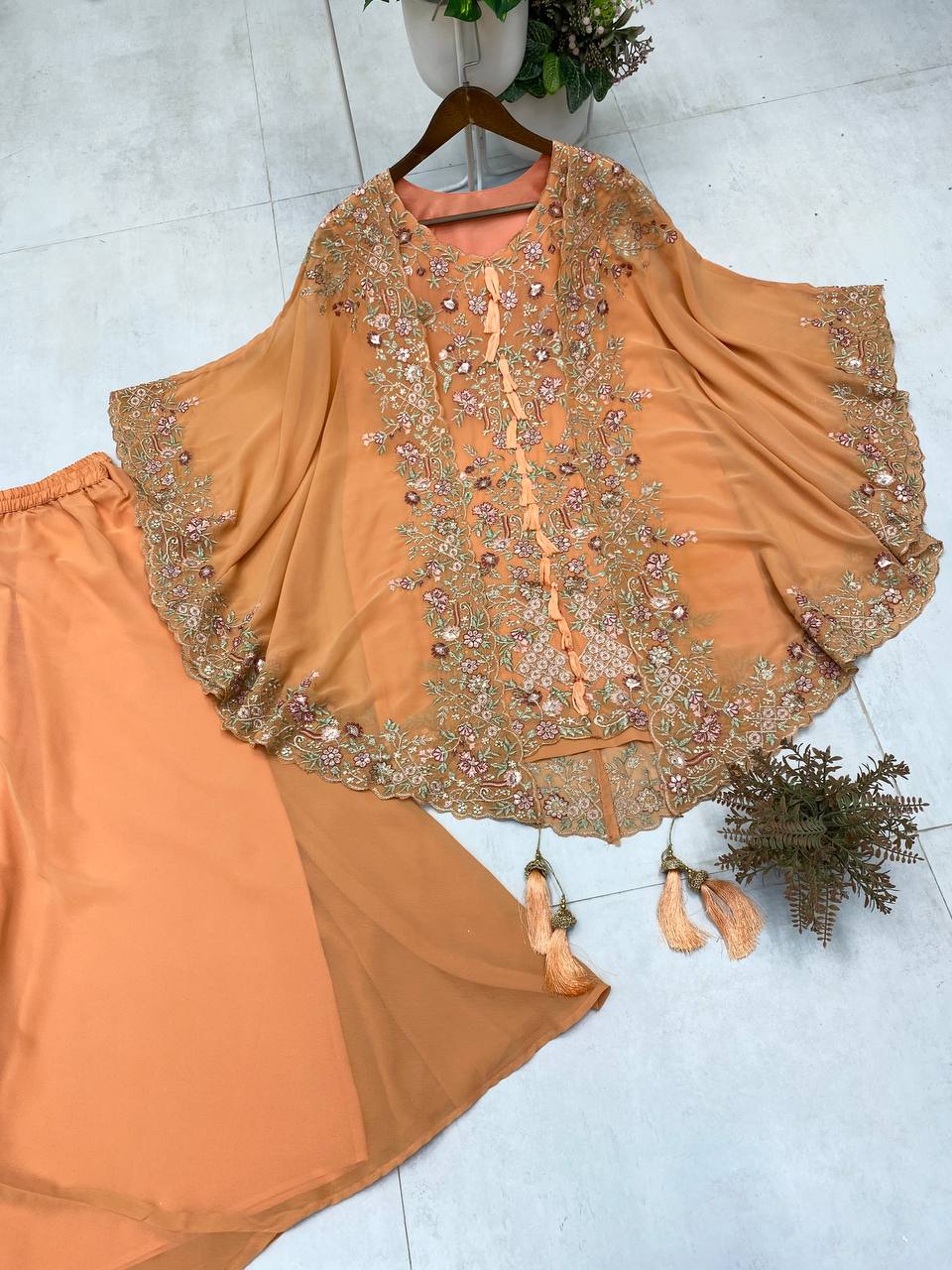 Festive Golden Orange Georgette Kaftan Tunic & Wide-Leg Pants
