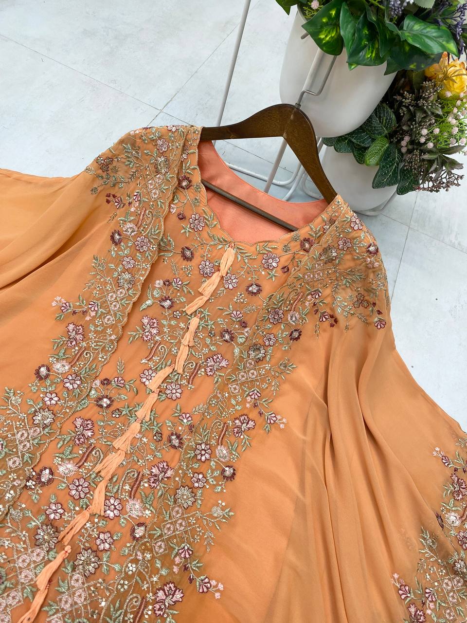 Festive Golden Orange Georgette Kaftan Tunic & Wide-Leg Pants