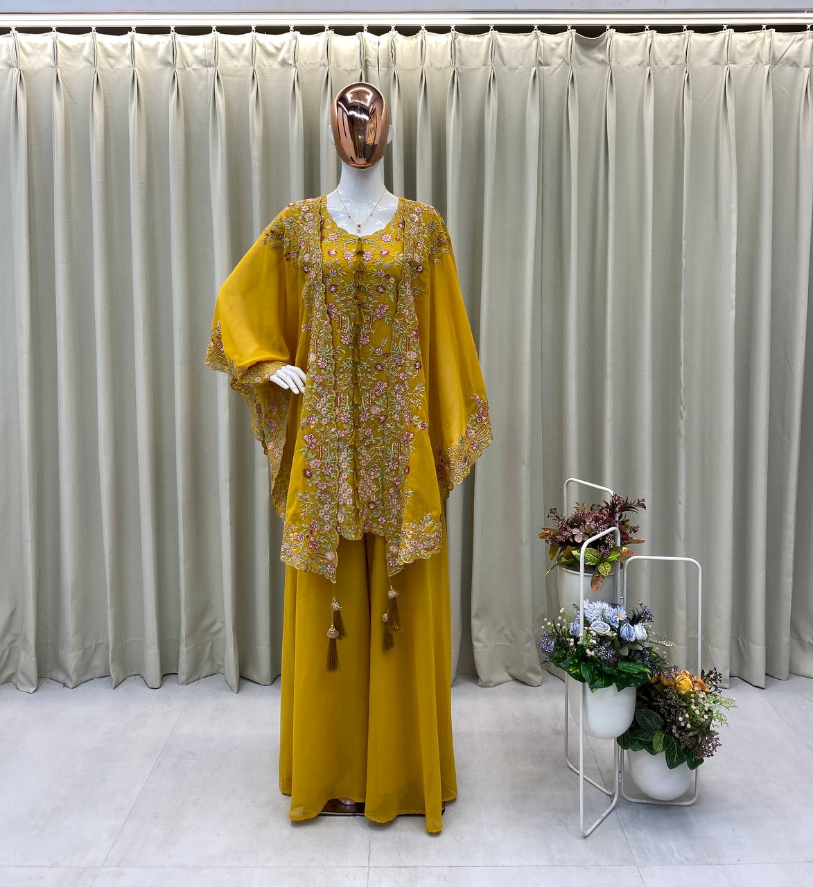 Festive Golden Yellow Georgette Kaftan Tunic & Wide-Leg Pants