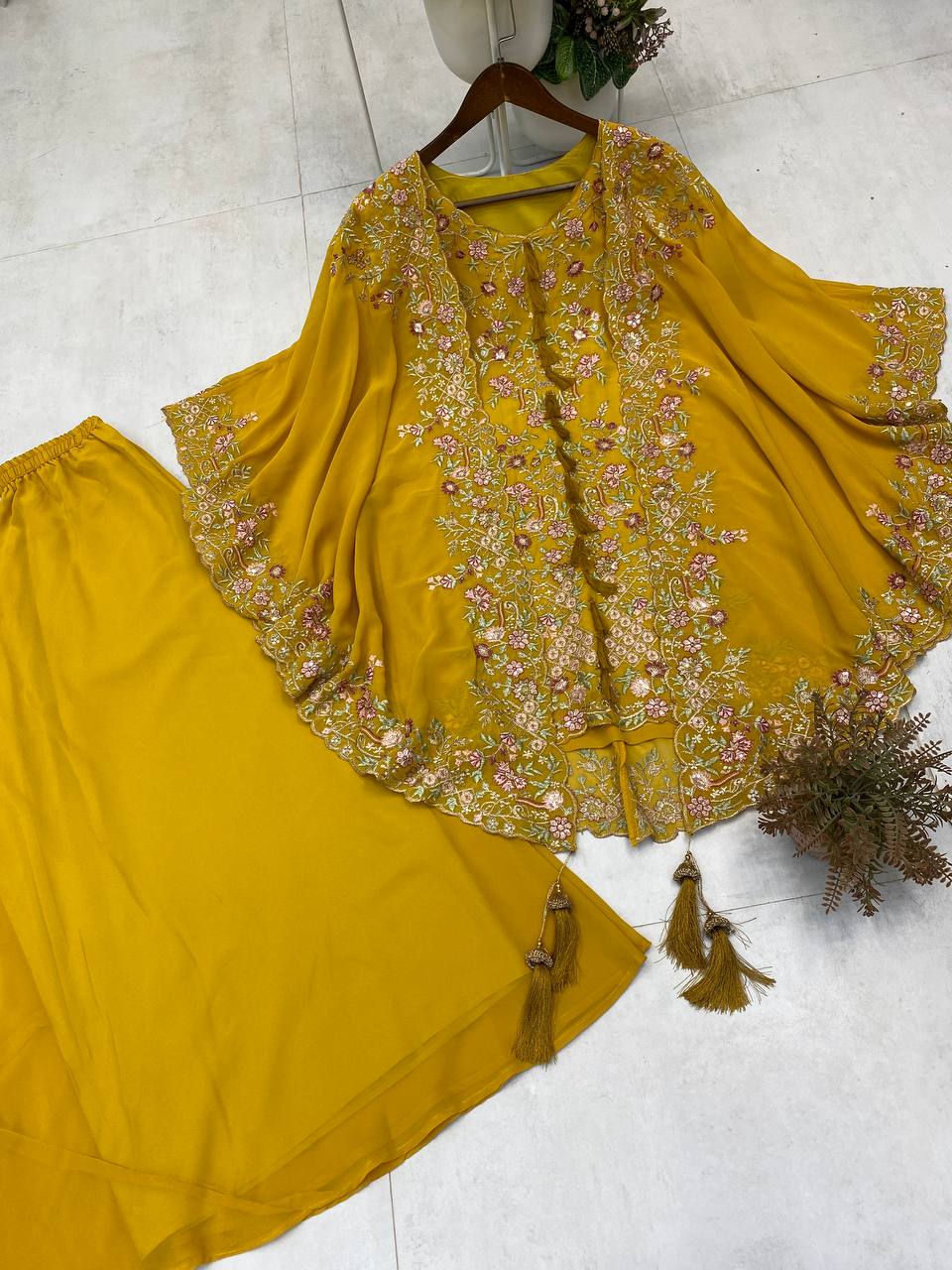Festive Golden Yellow Georgette Kaftan Tunic & Wide-Leg Pants