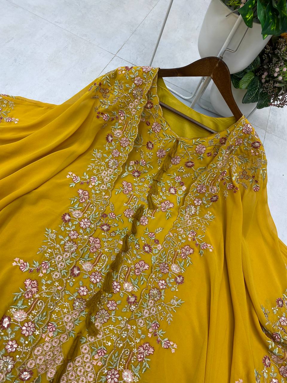 Festive Golden Yellow Georgette Kaftan Tunic & Wide-Leg Pants