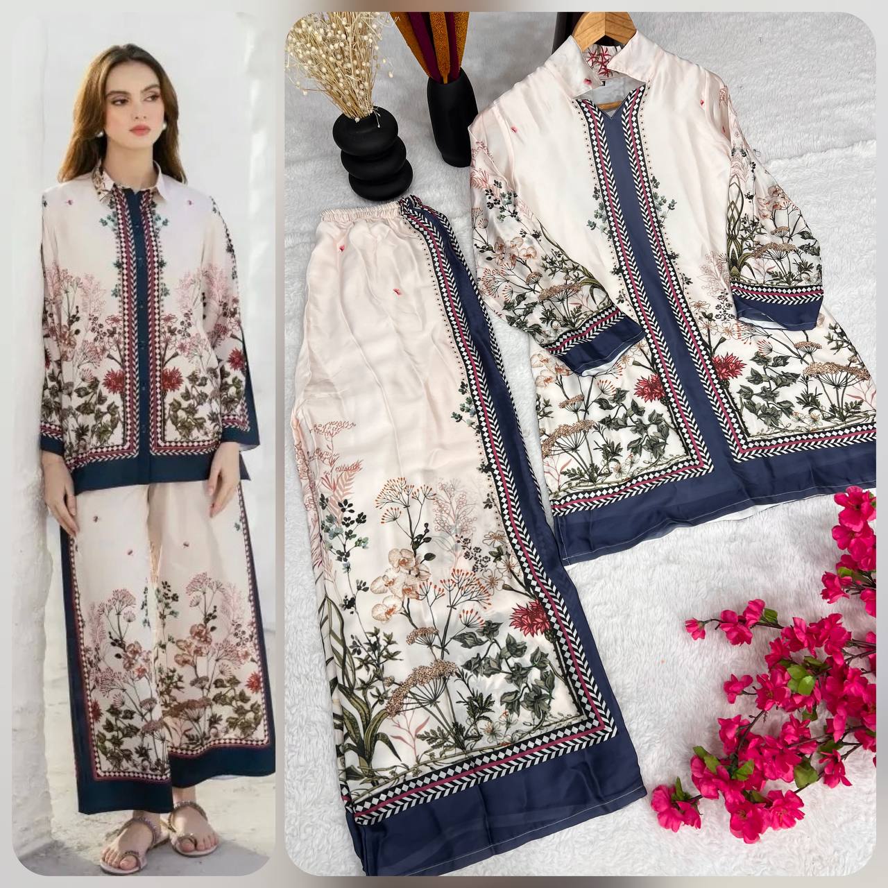 Ready-to-Wear Straight Cut Printed Suit with Contrast Borders