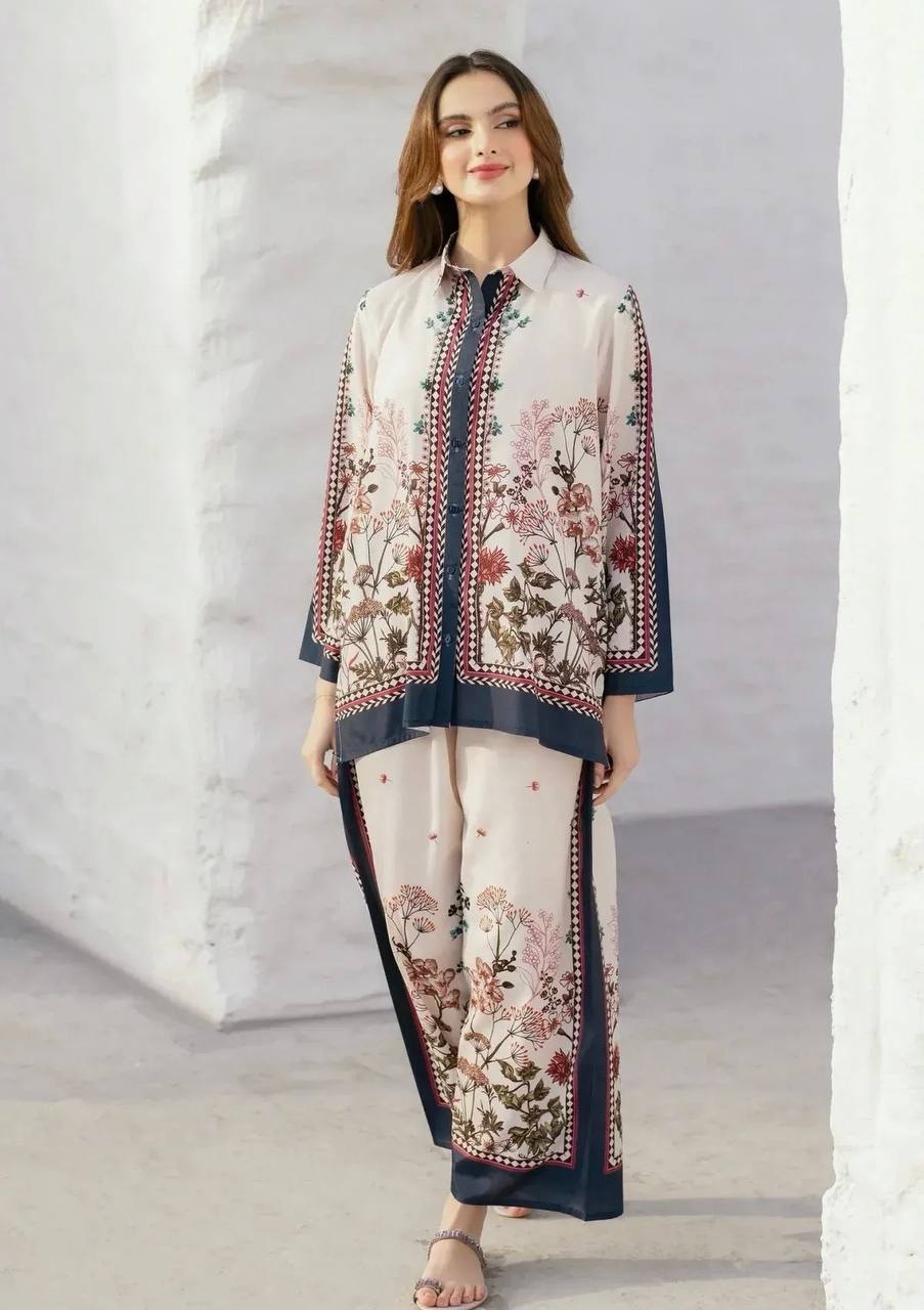Ready-to-Wear Straight Cut Printed Suit with Contrast Borders