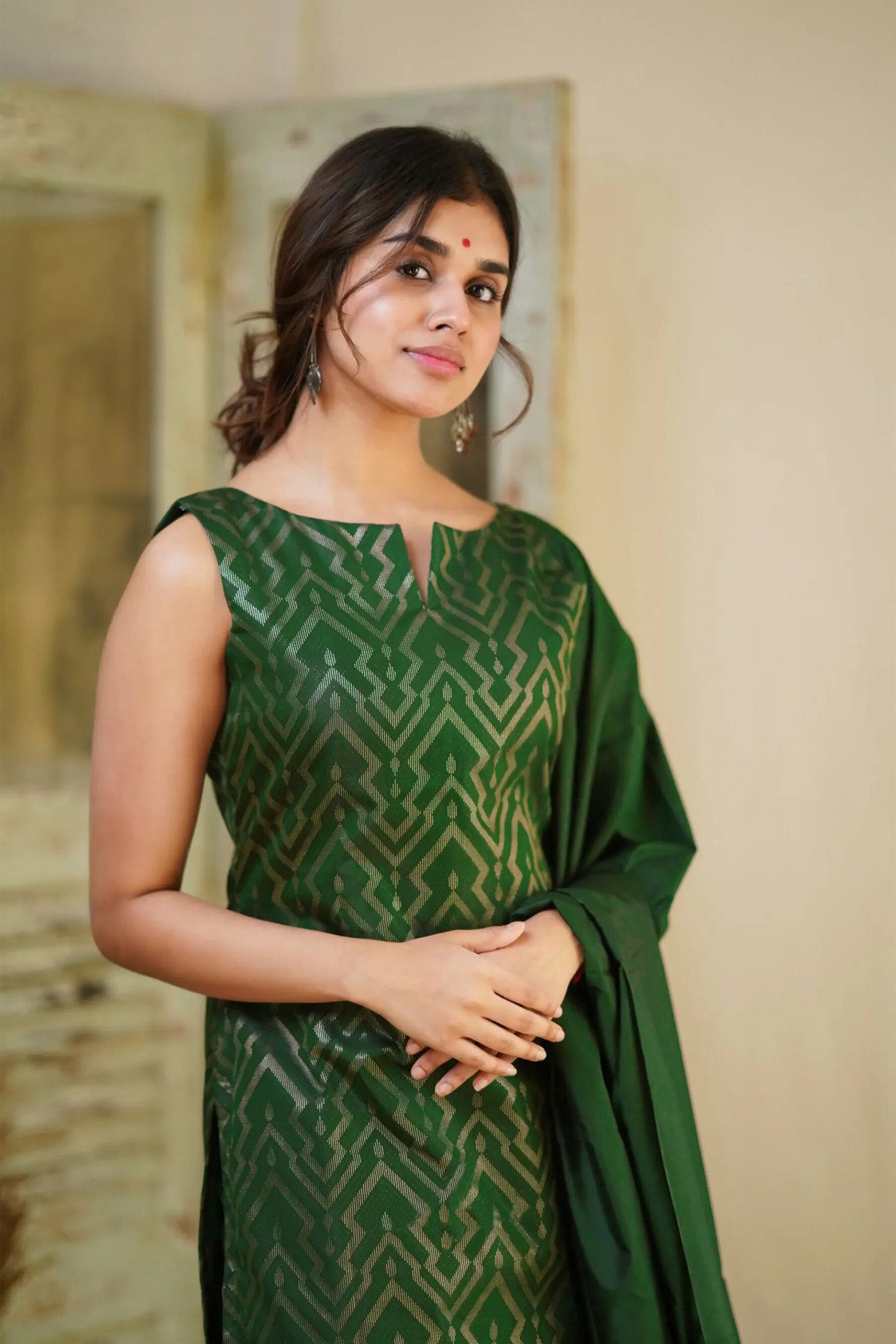 Emerald Green Kurta Set with Subtle Geometric Weaves