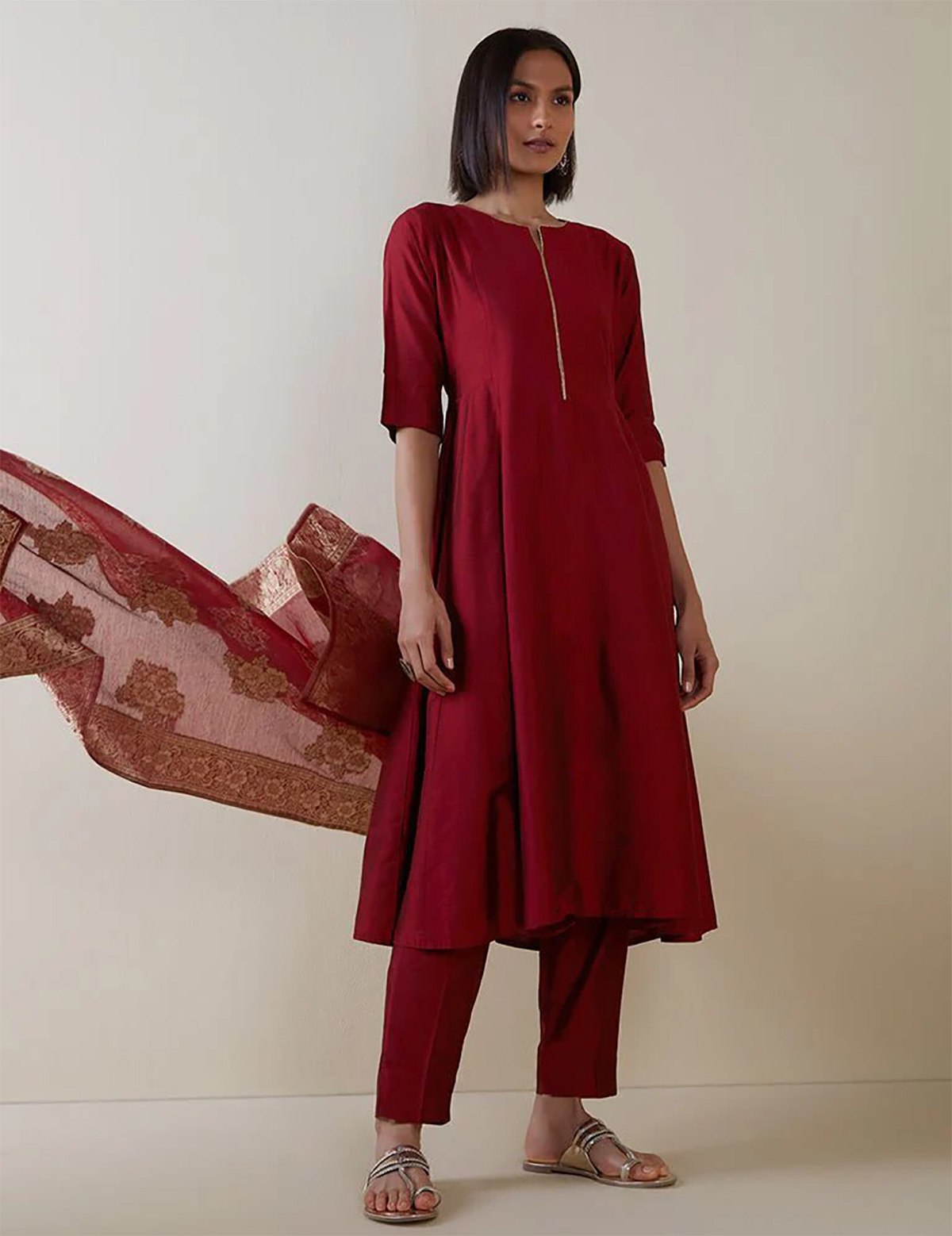 Opulent Maroon Kurta Pant Ensemble with Brocade Detailing
