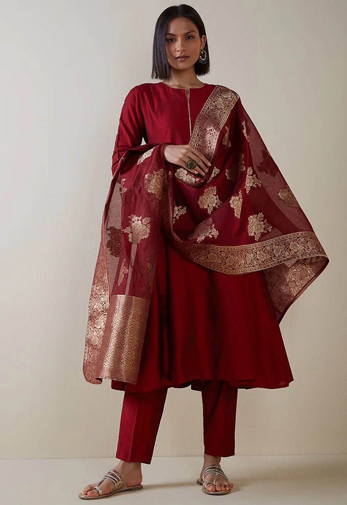 Opulent Maroon Kurta Pant Ensemble with Brocade Detailing