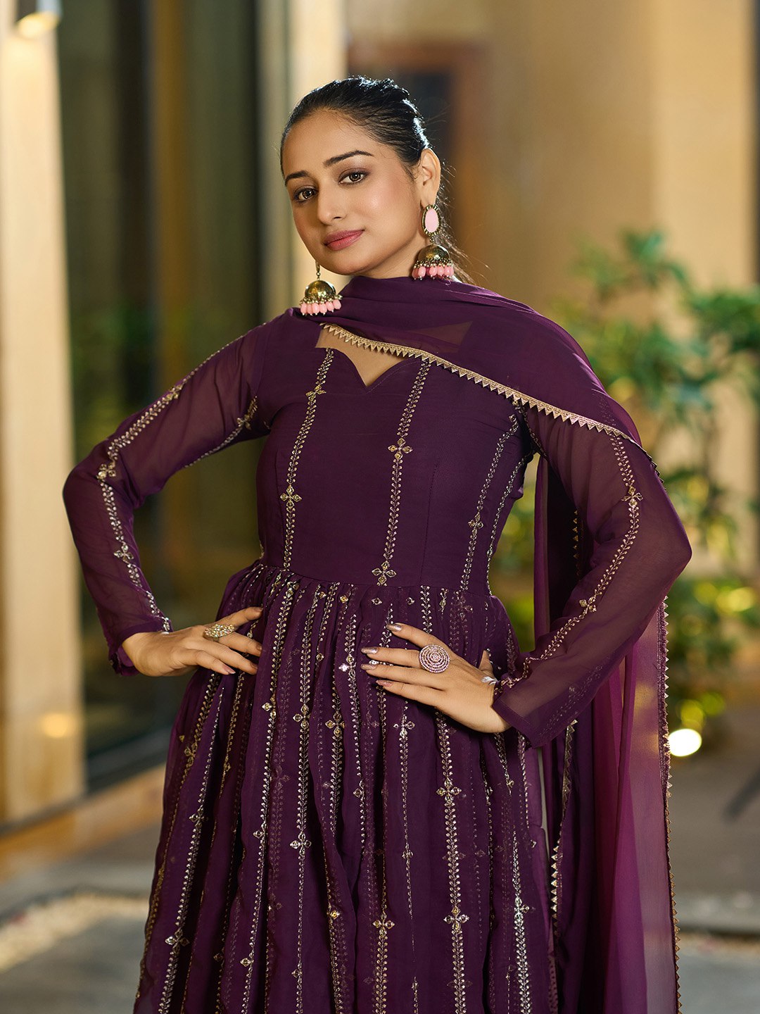 Classic Floor-Length Wine Anarkali Suit for Bridesmaids