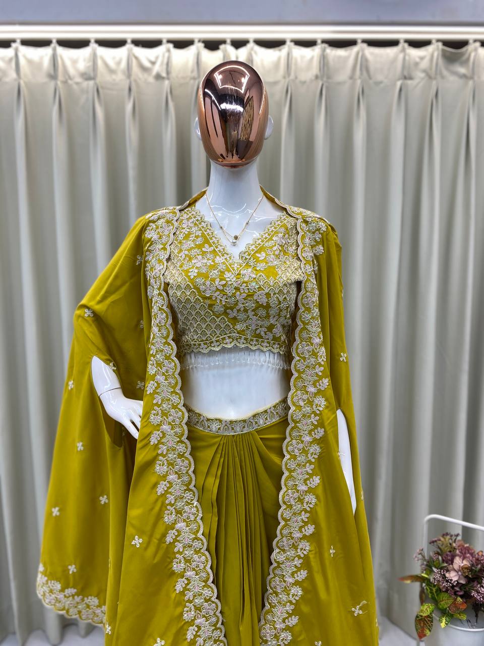 TRENDING WEDDING WEAR THREE PIECE BLOUSE,SKIRT AND SHRUGE WITH SEQUANCE EMBROIDERY WORK