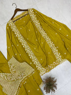 TRENDING WEDDING WEAR THREE PIECE BLOUSE,SKIRT AND SHRUGE WITH SEQUANCE EMBROIDERY WORK