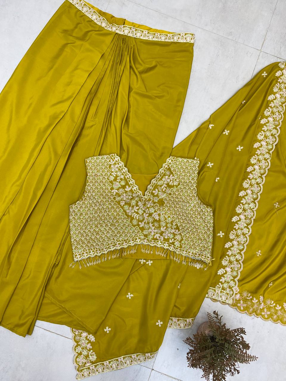 TRENDING WEDDING WEAR THREE PIECE BLOUSE,SKIRT AND SHRUGE WITH SEQUANCE EMBROIDERY WORK