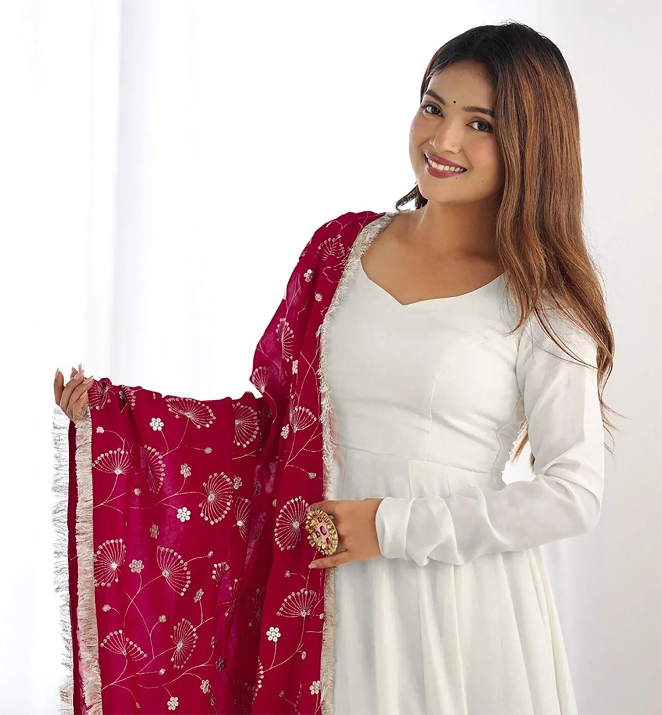Divine White Flowing Anarkali with Traditional Red Touch