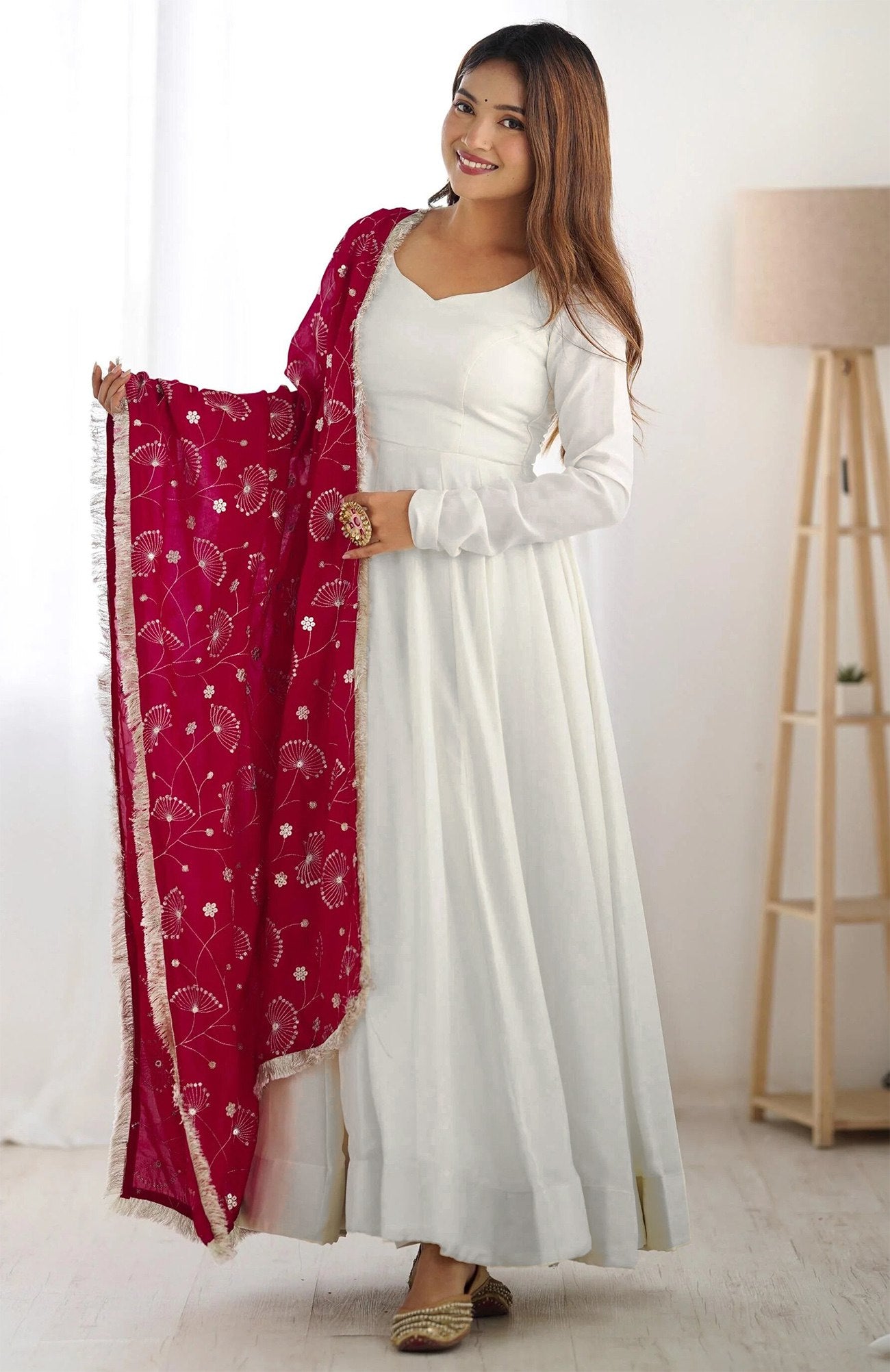 Divine White Flowing Anarkali with Traditional Red Touch