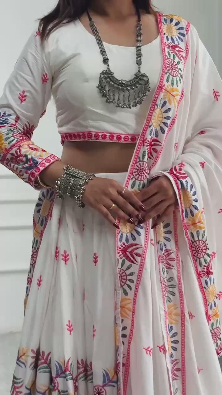 Elegent White Exclusive Lehenga Choli with Multicolor Pattern Embroidered Dupatta